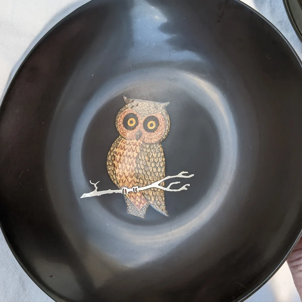 Vintage Couroc Monterey CA Inlaid Wood Owl Black Resin Bowls - 2